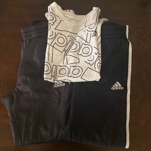 Gray and black adidas sweatpants with tshirt